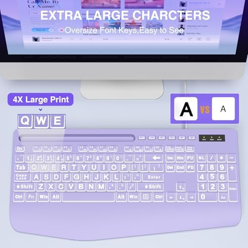 SABLUTE Wired Large Print Backlit Computer Keyboard with Wrist Rest(Purple)