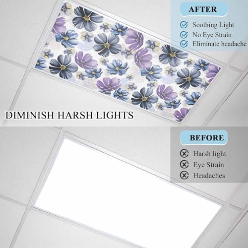 Ombre Purple Flower Magnetic Fluorescent Light Covers for Ceiling Lights 2 x 4 Feet,Watercolor Blue Green Country Floral Office Classroom Kitchen Drop Ceiling Light Covers Filters Shade Panel 1 Pack