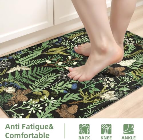 2PCS Botanical Kitchen Rugs Set, Black Green 17.3"x28" + 17.3"x47"