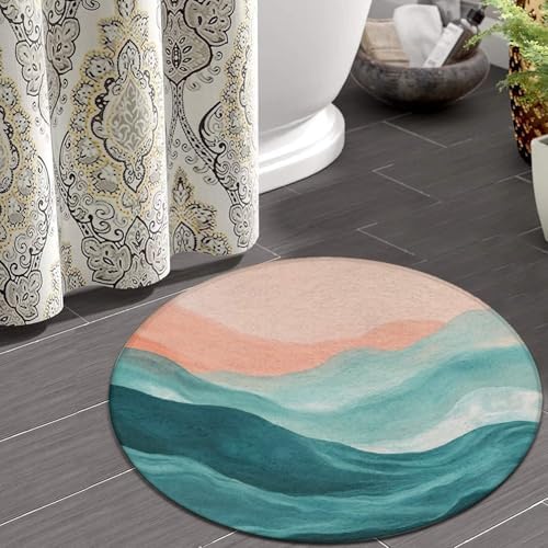 Men's Large Home Decor Mat, Soft Round Yoga Carpet, Non Slip Machine Washable Home Office Circle Rug Abstract Painting Beach Sand Wave Pink Blue Teal