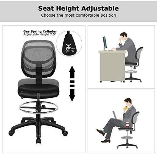 GIANTEX Drafting Chair Tall Office Chair with Back, Height Adjustable Home Office Chair on Wheels, Ergonomic Computer Standing Desk Chair with Footrest Ring for Bedroom, Black