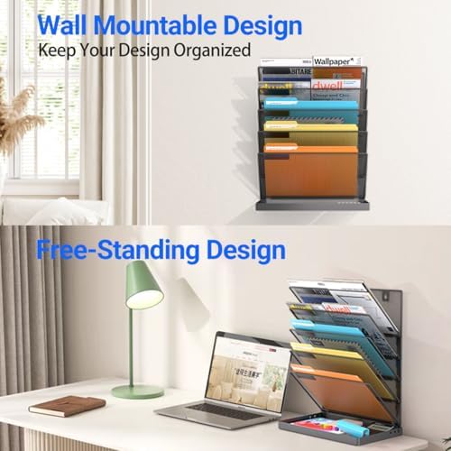 Legal/A4/Letter Size/A3 6 Tier Wall File Organizer,2-in-1 Wall Mounted&Desktop File Holder,2 Installation Methods Screws & Adhesive,Mesh Document Organizer with Label Plate for Home Office
