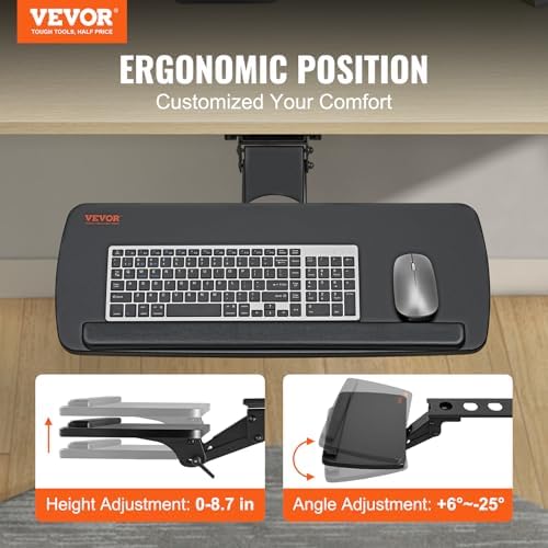 VEVOR Under-Desk Keyboard Tray, Adjustable for Height and Tilt, Slide-Out Design, Spacious 25x9.8 Inch Surface, Ideal for Home and Office Use
