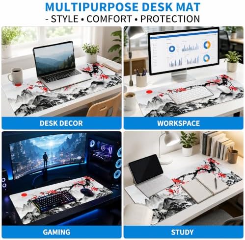 Extended Sakura Zen Desk Mat, XL Large Gaming Mouse Pad, Japanese Cherry Blossom Stitched Edges Waterproof with Non-Slip Rubber Base for Computer Keyboard Laptop Work Home Office 31.5"x11.8"
