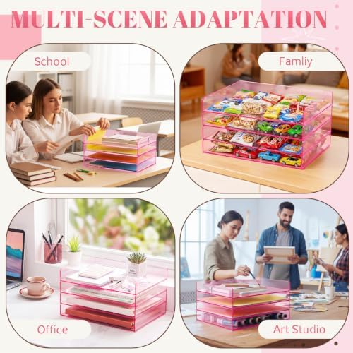 Harloon 4 Tier Clear Hot Pink Acrylic Paper Organizer Letter Tray, Aesthetic Stackable Low Profile Desk File Organizer Modern Heavy Duty Paper Holder Tray for A4, Office Home File Pad Books Notes