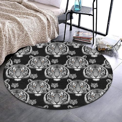 Large Home Decor Mat, Soft Round Yoga Carpet, Non Slip Machine Washable Kitchen Office Circle Rug Animal Tiger Black, 24inch