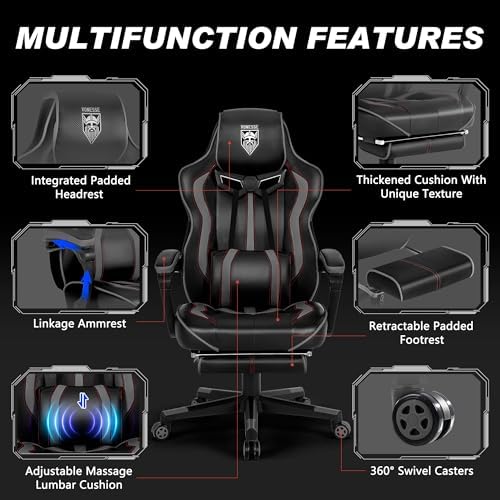 Vonesse Gaming Chair, Computer Office Chair with Footrest,Reclining Gaming Chairs for Adults, Big and Tall Ergonomic Gaming Chair with Lumbar Support (Gray/Black)