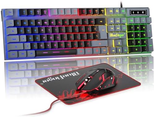 BlueFinger RGB Gaming Keyboard and Backlit Mouse Combo, USB Wired, LED Gaming Set for Laptop PC Computer Game and Work(Gray & Black)