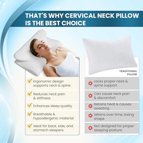 Cervical Neck Pillow for Sleeping – Memory Foam Cervical Pillow for Neck Pain Relief – Ergonomic Side Sleeper Pillow for Adults – Cooling Cervical Neck Pillow for Better Sleep & Support
