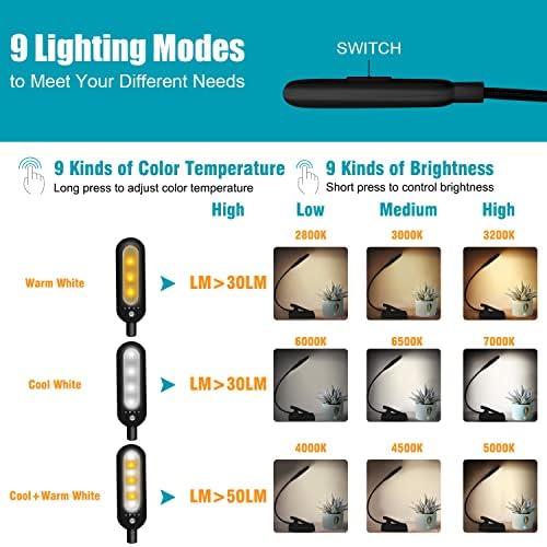 VAVOFO Rechargeable Reading Light, 7 LEDs with 9 Color Temperature 9 Brightness Levels Clip On Book Light for Reading in Bed with Power Indicator for Bookworms (Black)