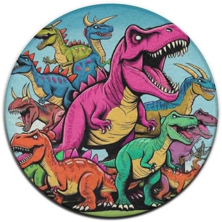 Soft Round Yoga Carpet, Large Home Decor Mat, Non Slip Machine Washable Kitchen Office Circle Rug Dinosaurs