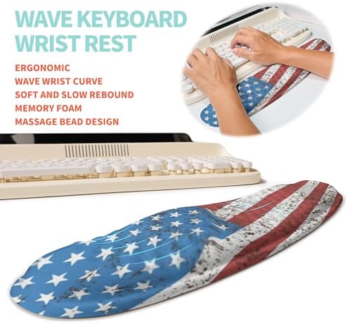 2-in-1 Ergonomic Set, Wave Rise Keyboard Wrist Rest and Massage Bulge Slope Mouse Pad Wrist Support, Cushion Memory Foam Integrated to Relieve Wrist Pain, American Flag