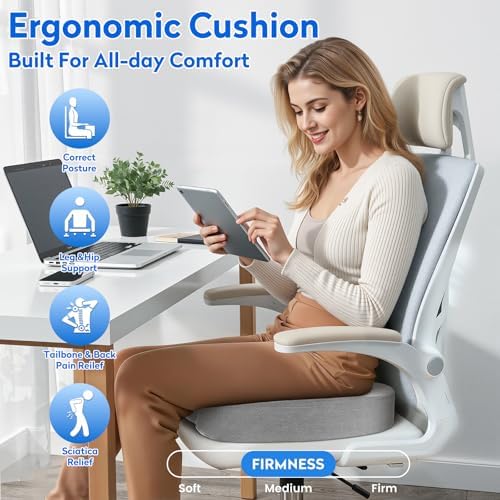CushZone Memory Foam Seat Cushion for Office Chair & Car, Light Gray