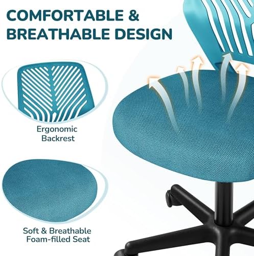 Yaheetech Small Desk Chair, Armless Adjustable Swivel Seat, Turquoise