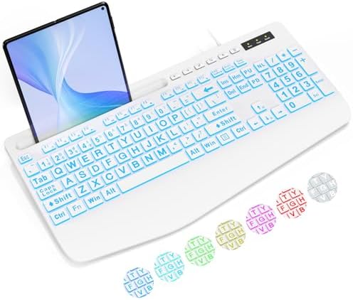 SABLUTE Wired Large Print Backlit Computer Keyboard with Wrist Rest (White)