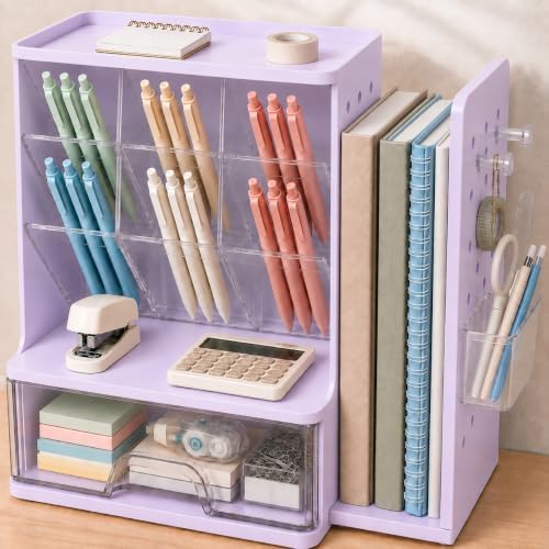Sooez Desk Organizer with Bookends, Pegboard & Drawer, Pen & Pencil Holder