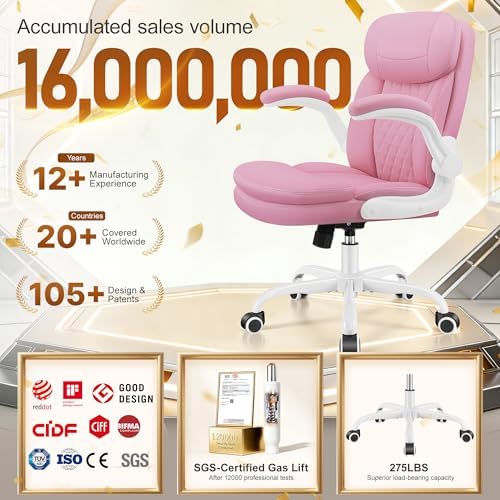 Office Desk Chair, Pink Ergonomic Computer Chair with Dual-Layer Support