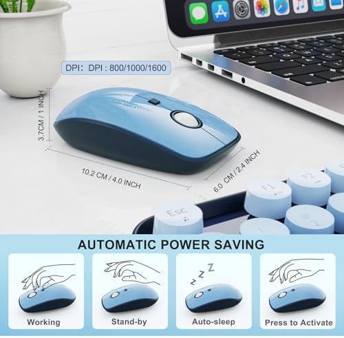 Blue Wireless Keyboard and Mouse Combo,Retro Typewriter Style Bubble Keys
