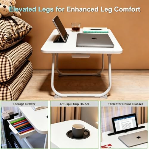 27.6" Home Office Folding Lap Desk with Drawer, Tablet Slot, Cup Holder - Fits up to 18 Inch Laptops, Bed Desk for Reading, Writing, Eating, Portable Laptop Table for Sofa, Coach, Floor (White)