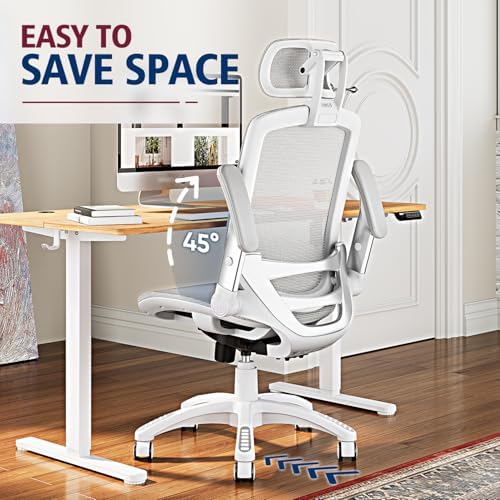 GABRYLLY Ergonomic Office Chair, High Back Home Desk Chair with 2D Flip-Up Arms, 3D Headrest, 90-120° Tilt and Wide Cushion, Big and Tall Mesh Chairs for Man Woman, Computer Task Chair Light Grey