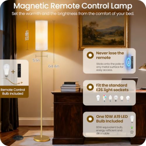 Set of 2 Dimmable Floor Lamps for Living Room with 2 Remotes and Foot Switch, Modern Standing Tall Lamp, Corner Lamp for Bedroom, Bulb Included, 3000K-6500K, Beige and Gold DE06LDP205W1