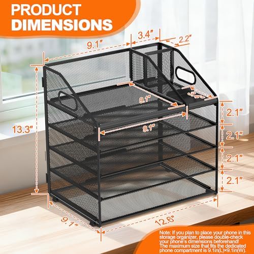 DocNest 5 Tier Metal Mesh Desk File Organizer with Phone Shelf, Black
