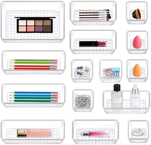 15 Pack Clear Plastic Drawer Organizer Set - 4 Sizes Makeup Vanity Organizer Chest of Drawers Storage Stackable Organizers Bins Divider Box for kitchens, Bedrooms, Bathrooms, Offices, Junk, Gadgets