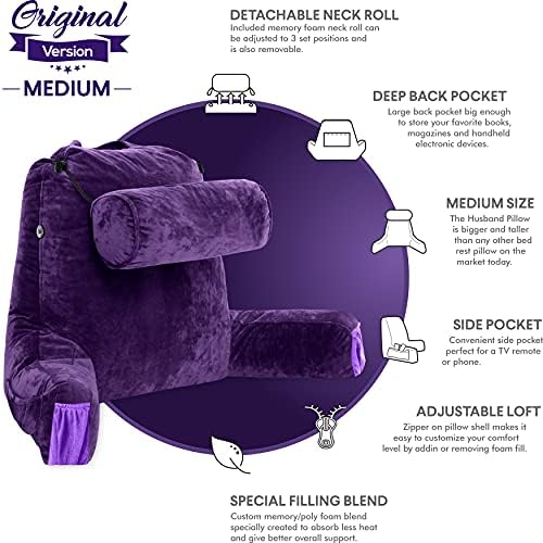 Husband Pillow Medium Reading Pillow with Arms - 23" Backrest for Sitting Up in Bed - Firm Support Bed Rest Pillow for Adults, Neck Roll, Removable Cover - TV, Reading, Lounging - Purple