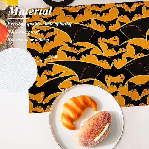 Shrahala Happy Halloween Funny Set Of 4 12 X 18 Inch Linen Placemats , Bats Cute Yellow Background Burlap Table Mat Washable Double Layered Heat Insulation For Indoor/Outdoor