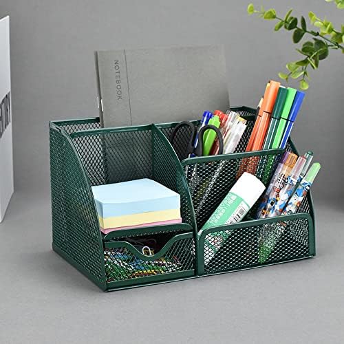 Green Desk Organizer Mesh Drawer Storage Accessories with 6 Compartments and Drawer, Desktop Caddy Storing Stationery Trinkets Cosmetics Jewelry Electronic Gadgets for Workspace Classsroom