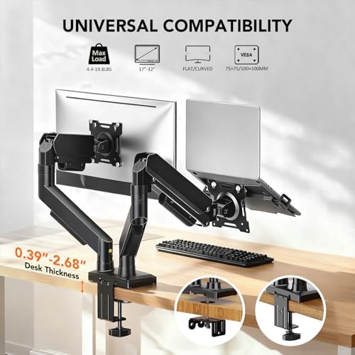 Dual Monitor Stand Adjustable Monitor Desk Mount for 17″–32″ Computer Screens, Full Motion VESA Pattern 75x75/100x100 with C-Clamp & Grommet Aluminum Base, Each Arm Holds 4.4 to 20 lbs HD09B-201