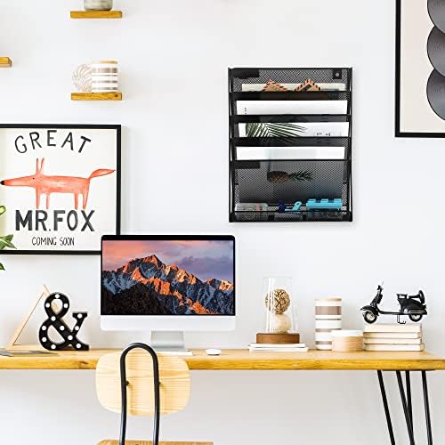 EASEPRES Desk File Organizer Mesh 6-Tier, Hanging Wall Mount Document Organization Stand, Desktop Vertical Mail Paper Folder Holder Rack with Bottom Tray for Office Home Cubicle Countertop, Black