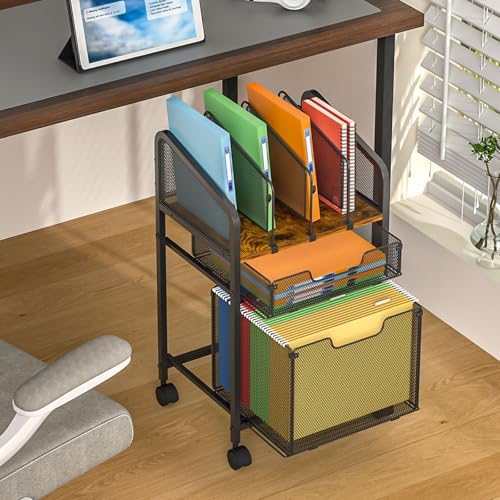 Tiaoheka Rolling File Cabinet with Adjustable Dividers, Mobile Filing Cabinet with 2 Storage Drawers on Lockable Wheels, Hanging File Organizer Beside Under Desk for Office, Home（Patent Pending）