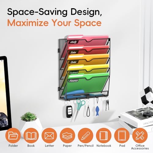 6-Tier Wall File Organizer with Hook, Hanging File Organizer Black