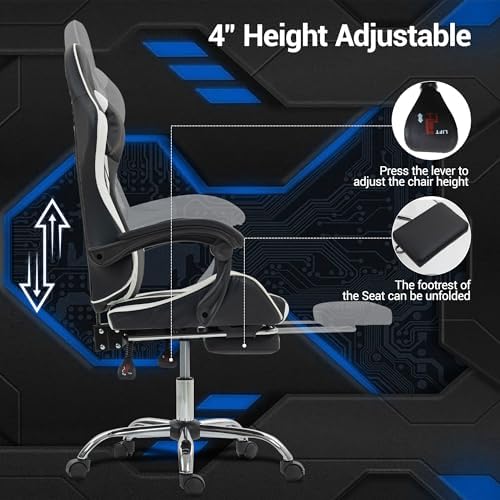 Massage Gaming Chair with Footrest，Ergonomic Video Game Chair for Adults Kids, Adjustable Headrest & Lumbar Support, 90-135° Recline, 360° Swivel, for Gaming Room Home Office Bedroom, Grey