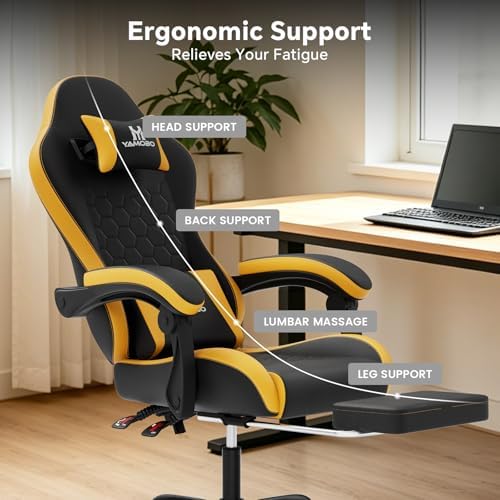 Gaming Chair, Computer Office Chair with Footrest, Adjustable Height & Backrest Gaming Chairs with Swivel for Adults, High Back PU Leather Ergonomic Chair with Lumbar Support, Blackyellow