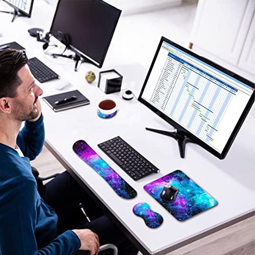 AIMSA Keyboard Wrist Rest Support + Mouse Pad + Mouse Wrist Rest + Coaster, Ergonomic Memory Foam Anti-Slip Rubber Base 4 PCS Set Easy Typing Pain Relief, Galaxy Nebula Universe