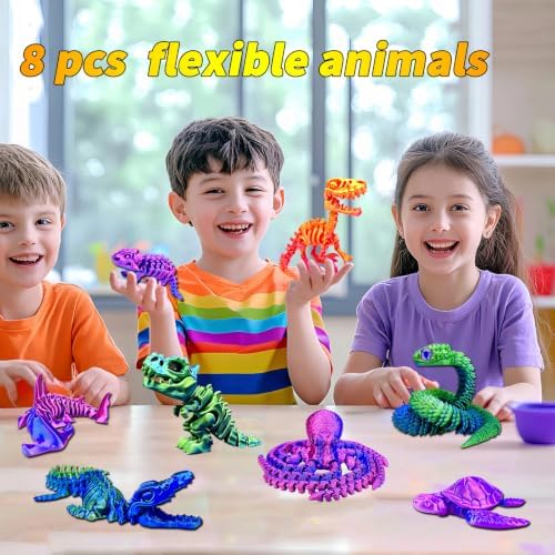 8pcs 3D Printed Dinosaur Skeletons,Octopus,Snake Flexible，Articulated T-Rex Fidget Toys,Large,3D Printed Animals,Desk Toy，Easter Eggs Basket Stuffers,Toys for Boys Kids Teen Girl 4-6 8-12