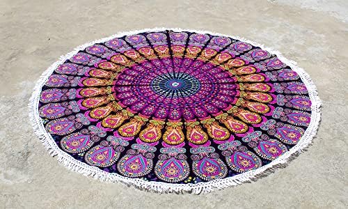 Round Beach Tapestry Turquoise Mandala Throw/Boho Hippie Beach Blanket Roundie/Indian Cotton Bohemian Large Round Table Cloth-Home Decor/Yoga Mat Meditation Picnic Rug (70", Pink And Yellow)