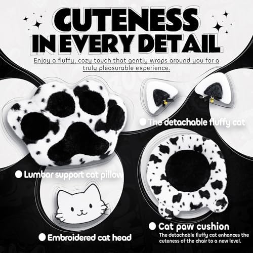 Gaming Chair Cute with Cat Ears Paw Lumbar and Cushion,Ergonomic Computer Chair with Footrest,Reclining PC Game Chair for Girl Computer Chair 300lbs for Adult Black White