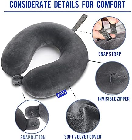 Travel Pillow Memory Foam for Airplanes - Neck Pillow for Traveling, Car, Home, Flight Pillow for Sleeping with Attachable Snap Strap Soft Washable Cover, Provide Head Neck Support Rest, Dark Gray