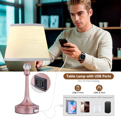 Touch Table Lamp Set of 2 with USB C+A Ports-19.7'' Rose Gold
