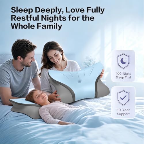 Pain Relief Cervical Neck Pillow, Ergonomic Contour | Q-Max Cooling | Non-Temperature Memory Foam | Side/Back/Stomach Sleeper Support for Sleeping, Reading, Scrolling (Blue & Dark Grey)