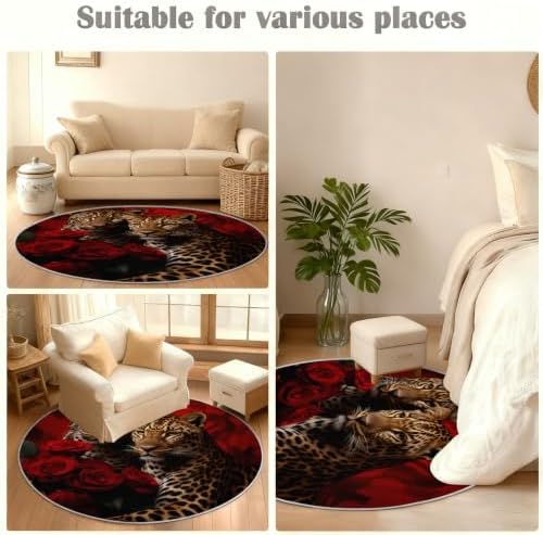 Leopard Round Rug - 8ft Washable Cheetah Print Round Area Rug for Living Room, Animal Floral Circle Rugs Soft Non-Slip Carpet for Bedroom Dining Table Coffee Table Decor Mat