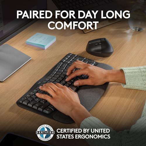 Logitech Wave Keys & Lift Vertical Mouse - Ergonomic Bundle — Wireless Keyboard with Cushioned Palm Rest & Vertical Wireless Mouse - Easy-Switch, Bluetooth, for Multi-OS, Windows/Mac - Graphite