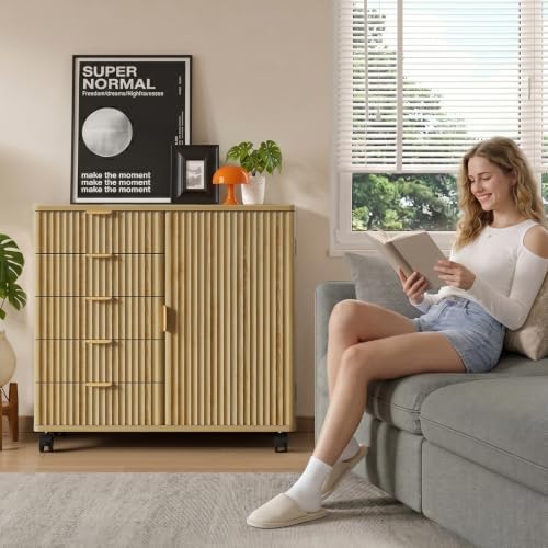 Bestier Office Storage Cabinet with 5 Drawer Adjustable Shelf, Oak