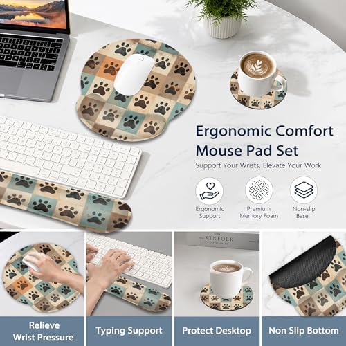 Cute Paw Print Ergonomic Memory Foam Wrist Rest Set for Keyboard and Mouse,Vintage Supportive Mouse Pad with Non Slip Base for Office Work and Gaming