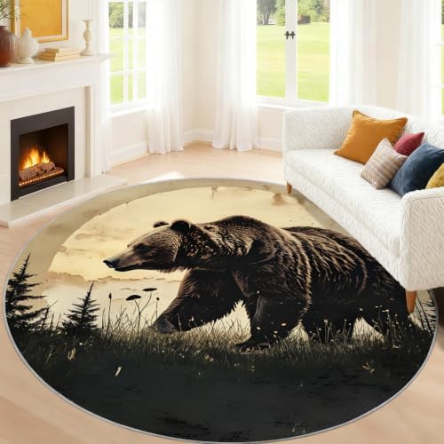 Bear Round Area Rug - 2.6ft Washable Western Bear Round Rug for Kitchen, Wildlife Circle Rugs Soft Non-Slip Carpet for Bathroom Entryway Decor Mat
