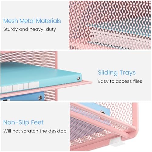 Lavatino Desk Paper File Organizer - Metal Mesh with 2 Letter Trays, 7 Flexible Dividers, 2 Vertical File Folder Holders for Office/Home/Classroom Supplies, Desk Organizers and Accessories, Pink