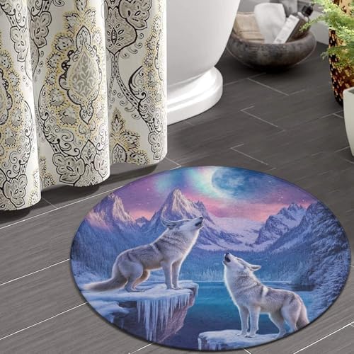 Large Round Area Rug Home Decor Modern Bathroom Rug Kitchen Office Circle Rug for Living Room Sofa Circle Cute Mat Snow Full Moon Wolves Pink Art, 60inch